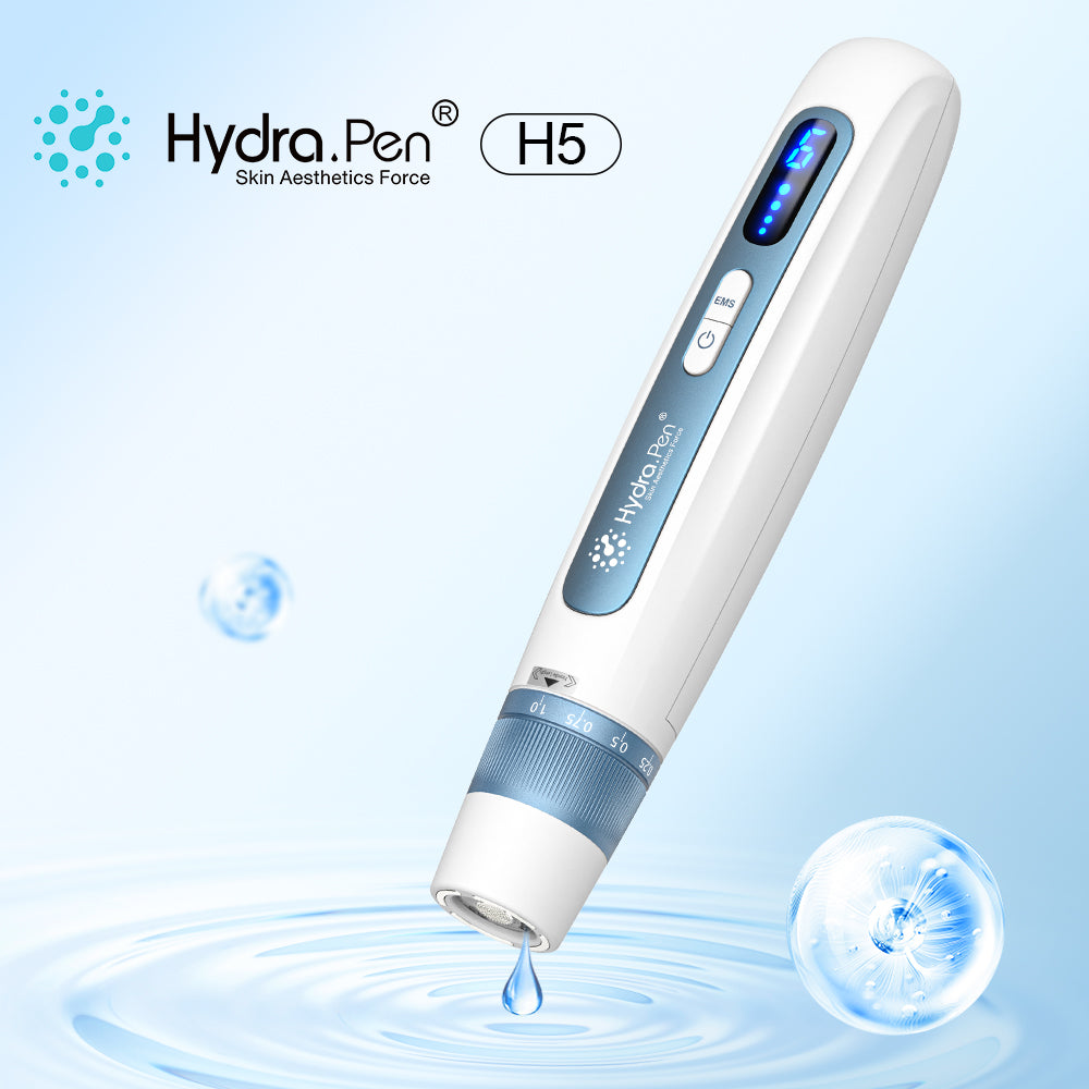 Hydra Pen H5 azul acero con cartucho de depósito instalado sobre fondo azul