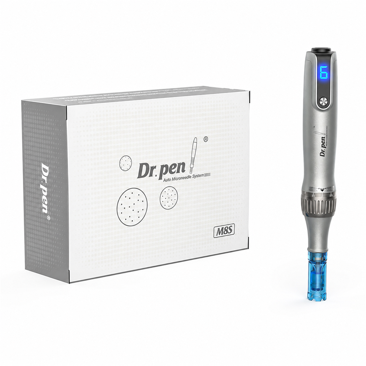 Dr. Pen M8s plateado con cartucho azul junto a su caja M8S original